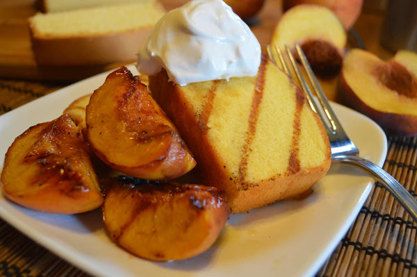 Grilled Pound Caket with Moscato Glazed Peaches