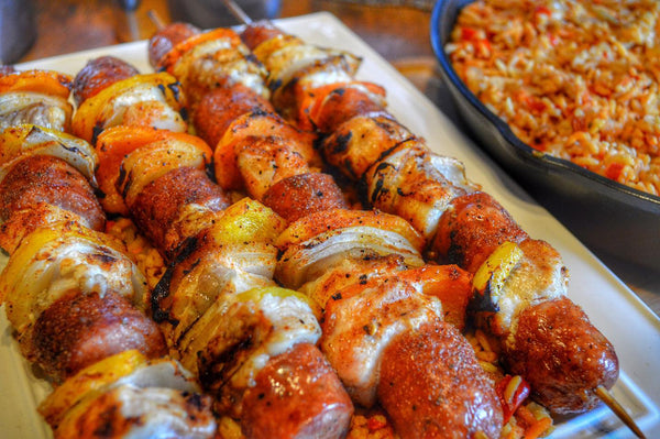 Jambalaya Kebabs with Cast Iron Dirty Rice